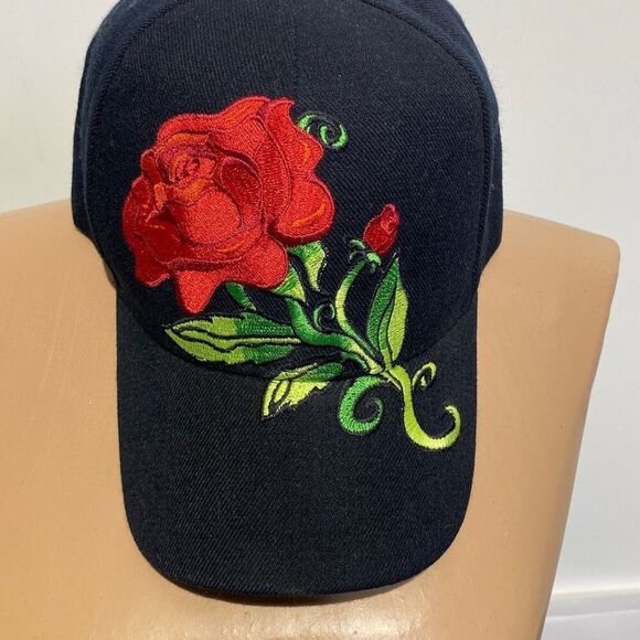Santo Cap Women's Black Long Stem Red Rose Embroidered Baseball Cap Hat One Size - Picture 5 of 8